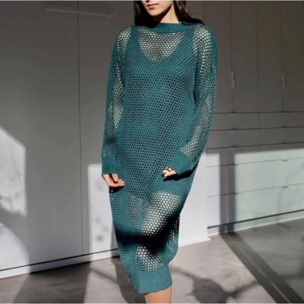 Lunya Cotton Silk Blend Crochet Long Sleeve Cover Up Overlay Maxi Dress Green M
